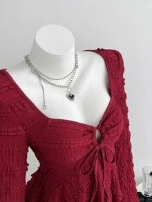Elamini Autumn Sweet Cute Elegant Square Neck Pleated Drawstring Slim Fit Flared Long Sleeve T-Shirt - Burgundy - View 3