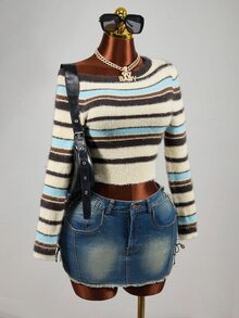 Mistrie Y2K Asymmetrical Shoulder Colorblock Striped Fuzzy Cropped Long Sleeve Knit Sweater - Blue - View 5