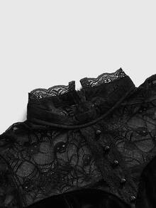 ROMWE Autumn/Winter Dark Gothic Halloween Outfit Spider Web Lace Patchwork Velvet Slim Fit A-Line Dress - Black - View 3