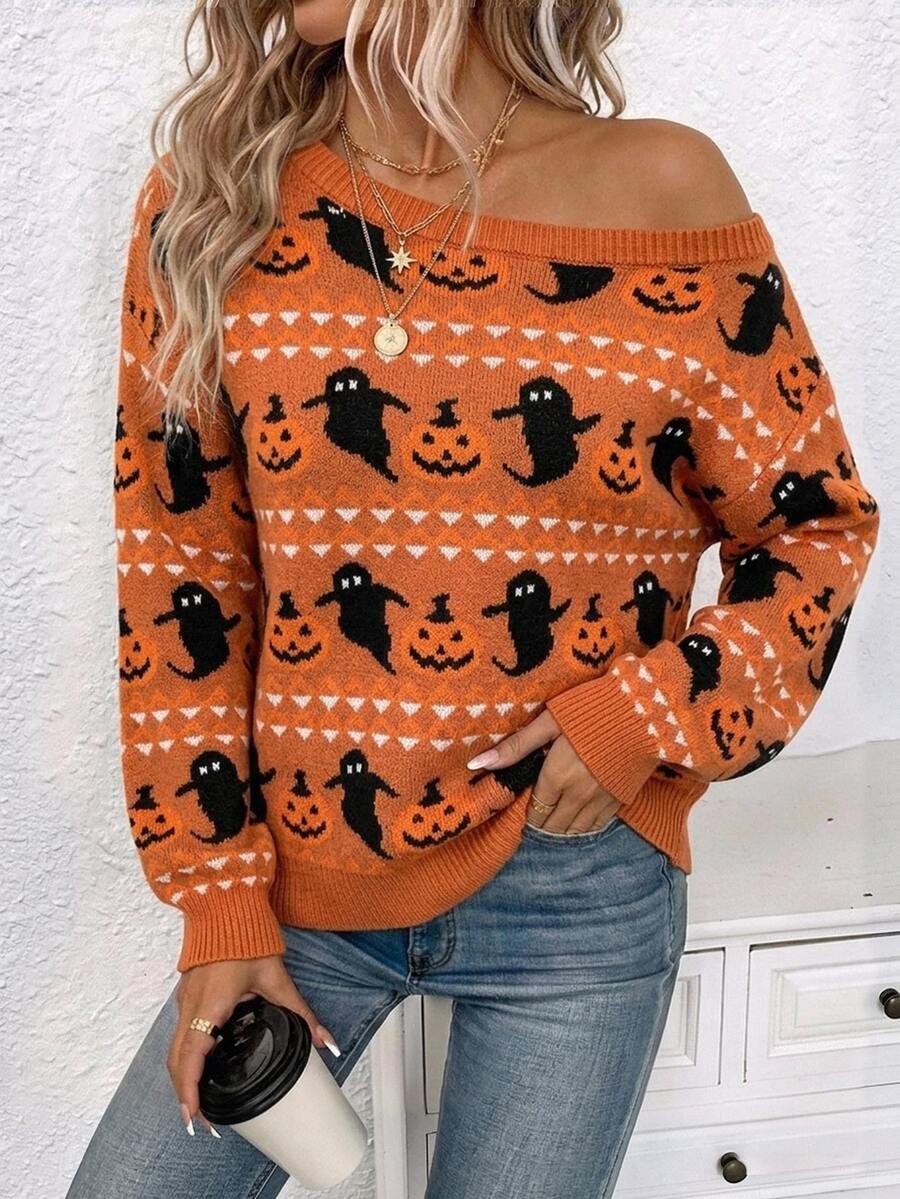 EMERY ROSE Plus Size Women's Casual Cold Shoulder Sweater, Vintage Colorblock Pumpkin & Ghost Pattern, Home Wear, Autumn/Winter Pullover, Teacher's Day, Thanksgiving, Halloween - Orange - View 1