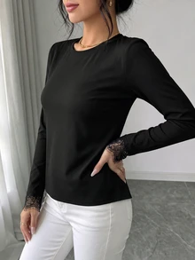 SHEIN Raffinéa تي شيرت بأسلوب فرنسي بسيط بدون ظهر وأكمام طويلة، فتحة متقاطعة في الظهر مع رقعة دانتيل رموش، تي شيرت متعدد الاستخدامات بتصميم نحيف - الأسود - مشاهدة 5