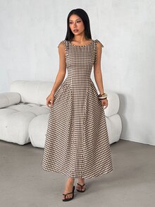 SHEIN PETITE Plaid Midi Dress For Petite Women – Smart-Casual Style - Brown - View 5