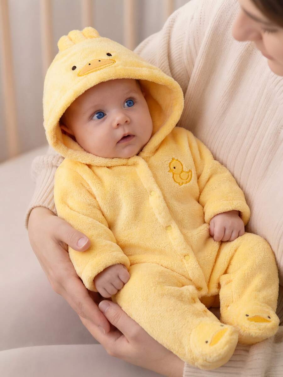 SHEIN 1件新生女嬰連腳連身衣 可愛黃色毛絨長袖連帽加厚鴨子刺繡連身褲 生日冬季聖誕節禮物 - 黃色 - 查看 1
