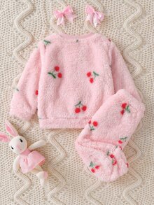 SHEIN 4pcs Baby Girl Pink Bow Embroidery Pullover Round Neck Top Cherry Plush Outfit Set Suitable For Winter - Pink - View 2