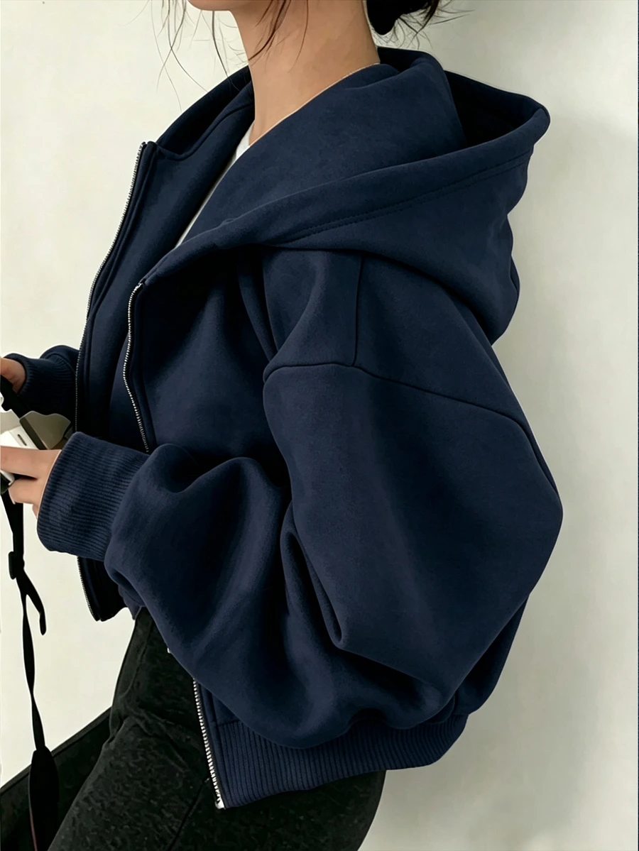 SHEIN 青少年女孩拉鍊式落肩長袖寬鬆休閒街頭風運動外套,保暖內裡基礎款秋冬返校 Y2K 瑜伽海軍藍 - 藏蓝色 - 查看 1