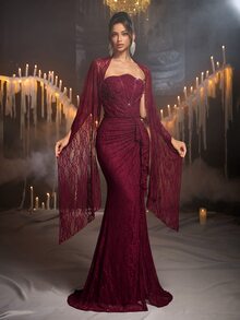 Glamrae Elegant Burgundy Lace, Pearl And Rhinestone Decorated Strapless With Flutter Sleeves Mermaid Skirt Women's Evening Gown - Burgundy - View 7