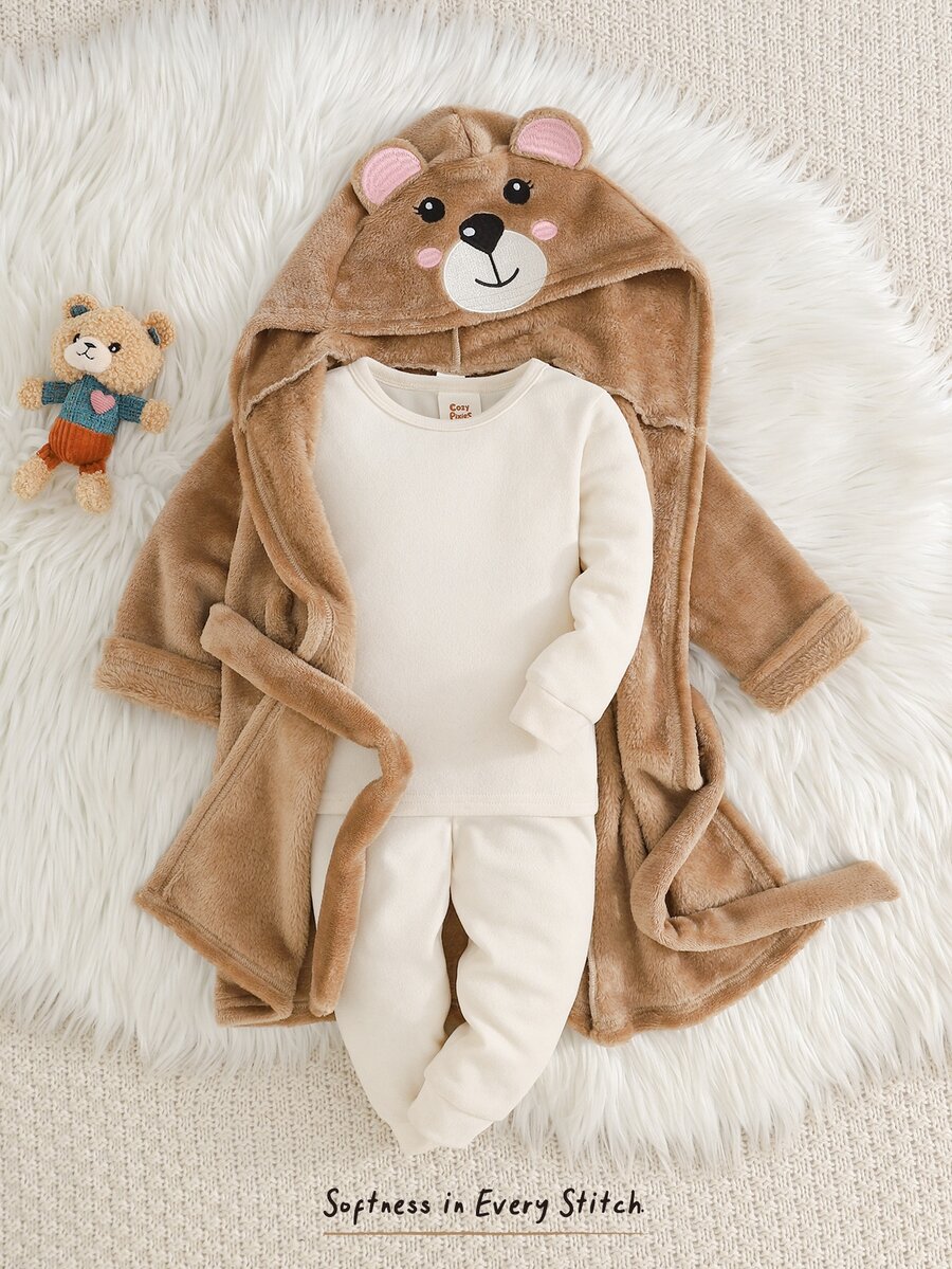Cozy Pixies Baby Girl Baby Girl Casual Daily Comfortable Embroidered Hooded Open Front Plush Loungewear Robe - Khaki - View 1
