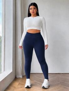 SHEIN EZwear Plus Size Women Solid Color Casual Versatile Daily Wear Tight Leggings - Navy Blue - View 3