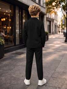 SHEIN 3件組兒童青少年男孩極簡剪影高級黑色格紋西裝套裝，附配套領帶，適合婚禮季、休閒上學，舒適時尚，簡約實用百搭，柔軟面料，適合日常穿著、學校、假日派對，四季皆宜 - 黑色 - 查看 3