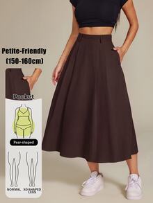 Vivamere Women's Solid Color High Waist Pocket Casual Commute Skirt - Brown - View 11