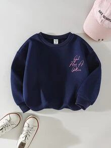 SHEIN 女童秋季字母背印時尚寬鬆極簡圓領抓絨內裡海軍藍運動衫 - 藏蓝色 - 查看 3