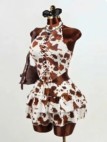 Mistrie American Retro Cow Print Double Layer Ruffle Mini Skirt Low Waist Sexy Style Leg-Lengthening High Waist A-Line Pleated Skirt - Multicolor - View 6