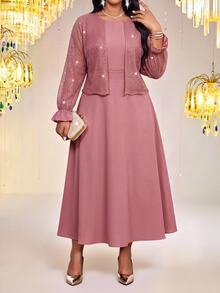 Fleurora Plus Size Women's Sequin Ruffle Cuff Open Front Jacket And Dress Elegant 2 Pieces Set - Dusty Pink - View 4