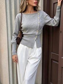SHEIN PariChic Cardigan Wanita Warna Polos Kasual Serbaguna untuk Sehari-hari - Grey - View 4