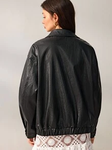 Willow Rêve Women's Black PU Embroidered Loose Jacket - Black - View 2