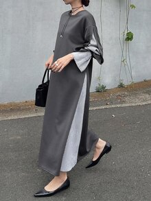 FRIFUL Women's Autumn Patchwork Striped Bell Sleeve Straight Long Dress - Grey - View 6