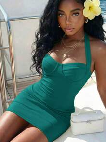 Slaydiva Women's Solid Color Casual Minimalist Party Halter Mini Dress - Mint Green - View 5
