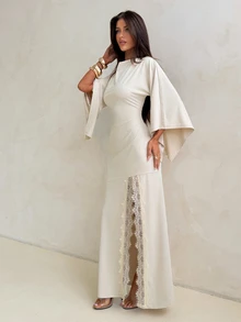 Aloruh Gaun Wanita Motif Apricot untuk Pesta, Model Cowl Neck, Lengan Batwing, Belahan Tinggi, dan Patchwork Renda - Aprikot - View 6