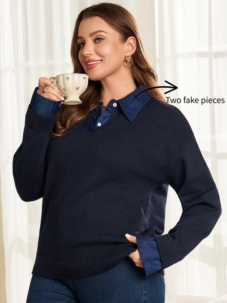 EMERY ROSE Women's Plus Size Lapel Collar Patchwork Blue Pullover Sweater Winter - Blue - View 1