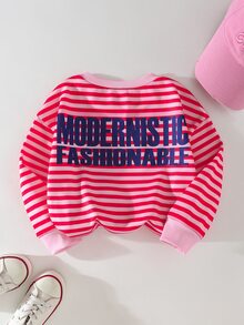 SHEIN 女童圓領粉色條紋正反面字母印花抓絨內裡衛衣 T-shirt - 彩色 - 查看 2