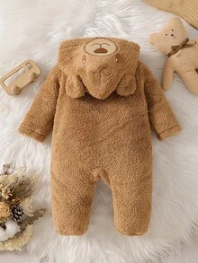 SHEIN 新生兒連帽連身衣，可愛棕熊刺繡，珊瑚絨，柔軟舒適親膚嬰兒爬行服 - 駝色 - 查看 2