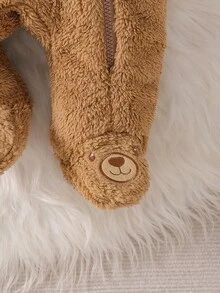 SHEIN 新生兒連帽連身衣，可愛棕熊刺繡，珊瑚絨，柔軟舒適親膚嬰兒爬行服 - 駝色 - 查看 8