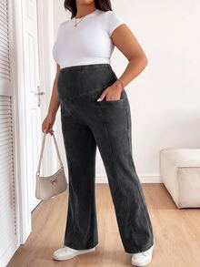 Plussiva بنطلون واسع الساق للحوامل بمقاس كبير مع حزام خصر قابل للتعديل وتصميم جيوب لفصل الخريف - الأسود - مشاهدة 6