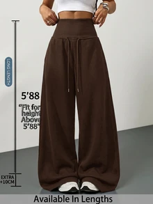 SHEIN Tall CURVE 大尺碼高腰灰色針織抓絨抽繩寬鬆運動長褲，適合冬季畢業季、返校季、畢業典禮、教師穿搭及其他場合，秋季返校季女款寬腿運動長褲，灰色寬鬆舒適長褲 - 棕色 - 查看 4