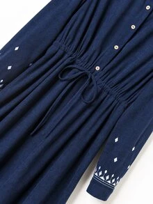 Rusticease Women's Geometric Embroidered Button Half-Placket Waist Tie Casual Midi Dress - Navy Blue - View 5