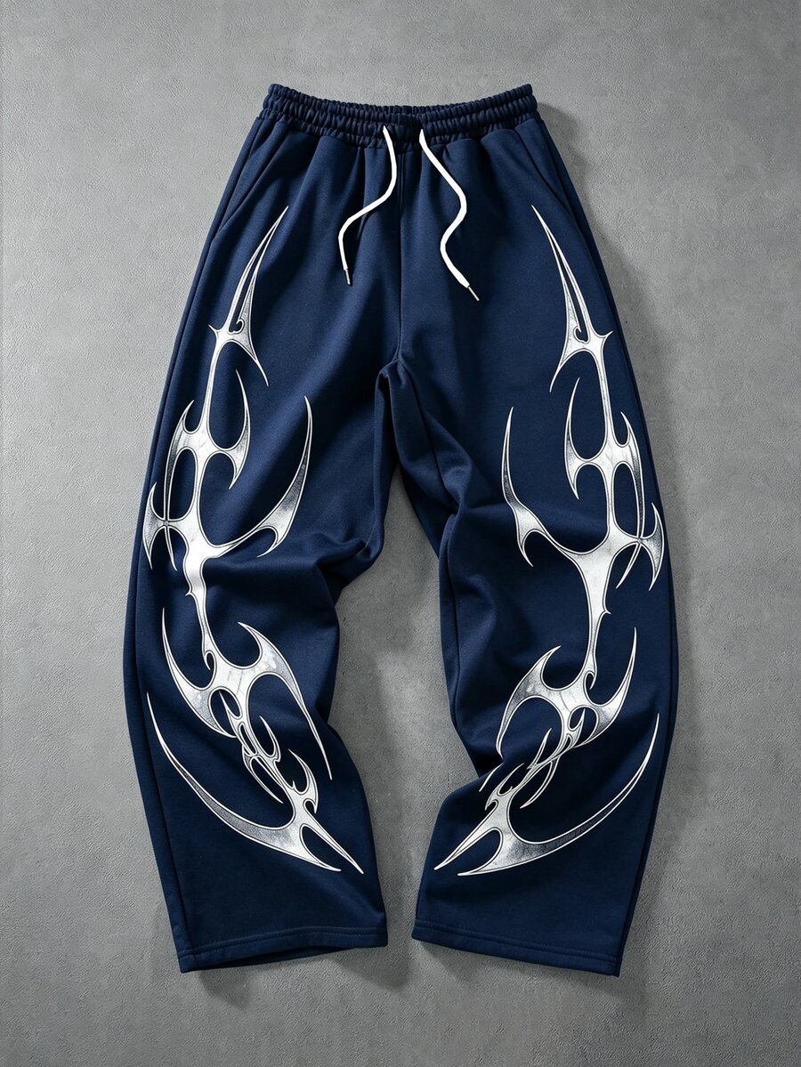 ROMWE MEN Men's All-Season Gothic Print Long Pants - Navy Blue - View 1