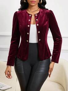 SHEIN Lady جاكيت نسائي بلون موحد كاجوال متعدد الاستخدامات للاستخدام اليومي بأكمام طويلة - عنابي اللون - مشاهدة 4