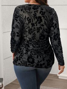 SHEIN LUNE 大尺碼女款花卉印花修身百搭日常長袖T恤 秋季 - 黑色 - 查看 2