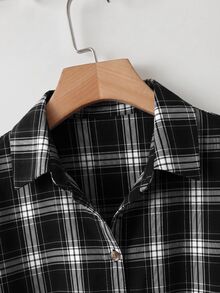 SHEIN LUNE 大尺碼女款格紋長袖單排扣休閒寬鬆襯衫 - 黑色 - 查看 4