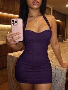 Slaydiva Women's Solid Color Casual Daily Summer Halter Neck Mini Dress - Purple - View 3