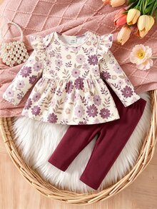 SHEIN Playful Pals 新生兒復古溫柔紫色花卉嬰兒套裝 | 荷葉袖荷葉邊上衣 + 修身長褲，適合春秋季，時尚休閒女嬰套裝，2件套 - 彩色 - 查看 3