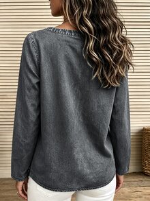 SHEIN Holidaya Women's Round Neck Long Sleeve Digital Print Top - Grey - View 2