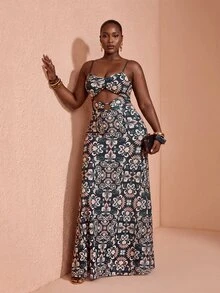 JIAN LASALA Gaun Wanita Ukuran Plus dengan Motif Jala Seluruh Permukaan dan Tali Bahu Tipis, Model Bustier dengan Potongan Cincin-O - MultiWarna - View 6