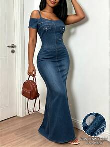 Eryvara Gaun Panjang Wanita Model Bahu Terbuka dengan Motif Denim dan Tali Bahu Tipis - Biru - View 1