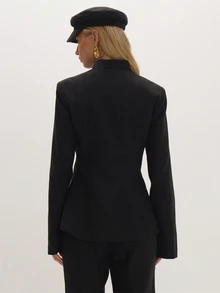MUSEYN Black Woven Japanese Knot Fasten Fitted Blazer Timeless Date Night Tailored Office New Season Fall - Black - View 3