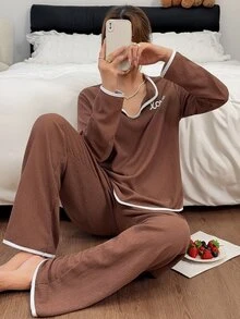 Napfluff Women's Letter Print Long Sleeve Trim Top And Long Pants Pajama Set - Brown - View 3