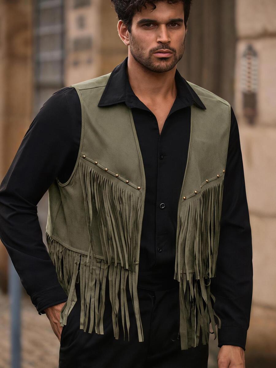 HIMLAND Men's Solid Color Tassel Design Casual Versatile Vest Jacket - Army Green - View 1