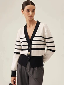 SHEIN Orluneo Black And White Color Block Metal Button V-Neck Knit Cardigan - Black and White - View 4