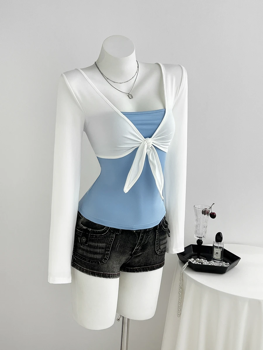 Elamini Colorblock Patchwork Front Tie Detail T-Shirt - Multicolor - View 1