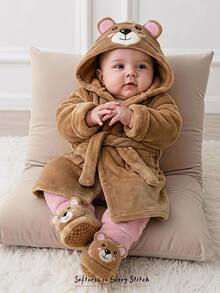 Cozy Pixies Baby Girl Baby Girl Casual Daily Comfortable Embroidered Hooded Open Front Plush Loungewear Robe - Khaki - View 9