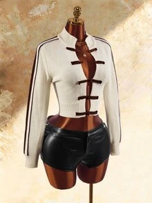 Amplova New Chinese Style Frog Button Knit Sweatshirt, Avant-Garde Sexy, Suitable For Autumn/Winter Outfits, Waist-Cinching Cropped Slim Fit, Contrast Color Placket, Suitable For Party And New Year Outfits - Apricot - View 4