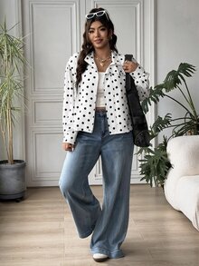 SHEIN EZwear 大尺碼女款波點休閒百搭日常長袖夾克 - 白色 - 查看 3