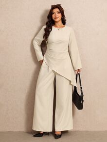Elaquor Plus Size Women Solid Color Pleated Asymmetric Hem Blouse And Wide Leg Pants Casual 2 Pieces Set - Apricot - View 5