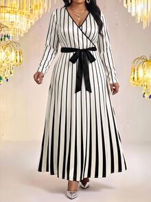 Fleurora Plus Size Women's Elegant Striped Dress With Overlap V-Neck And Waist Tie Fall - Black and White - View 4