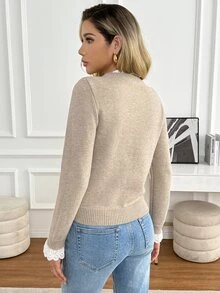 SHEIN PariChic Sweater Kasual Lengan Panjang Leher Bulat dengan Hiasan Rumbai untuk Wanita - Aprikot - View 2