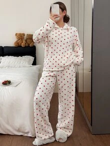 Napfluff Cute Polka Dot Women's Fuzzy Pajama Set, Autumn/Winter Loungewear - White - View 5